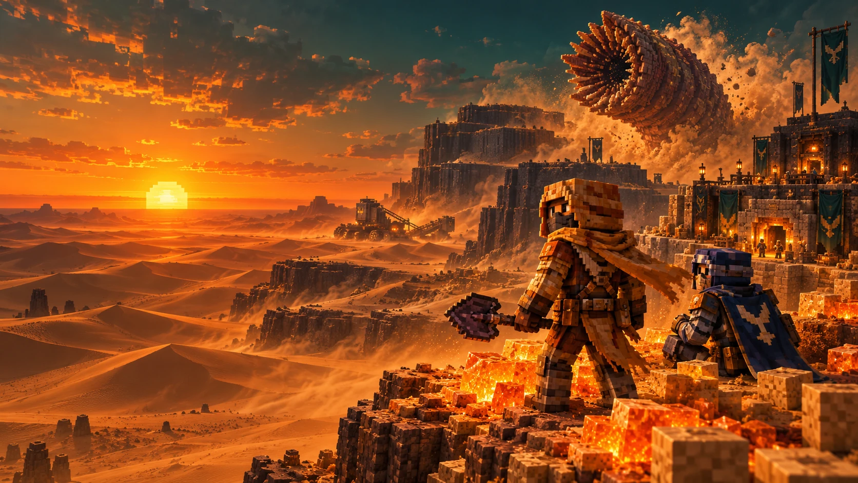 Minecraft voxel Arrakis with stillsuit adventurers, glowing spice, rocky terraces and a sandworm