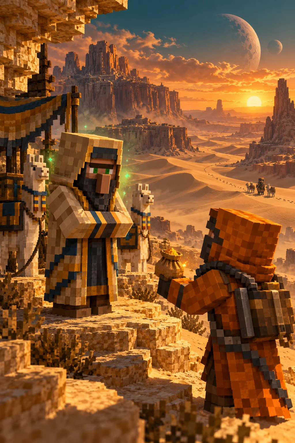 A desert smuggler with green particles beside a spice courier